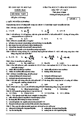 Đề kiểm tra học kỳ 1 môn Vật lý Lớp 9 - Mã đề A - Năm học 2018-2019 - Sở giáo dục và đào tạo Quảng Nam